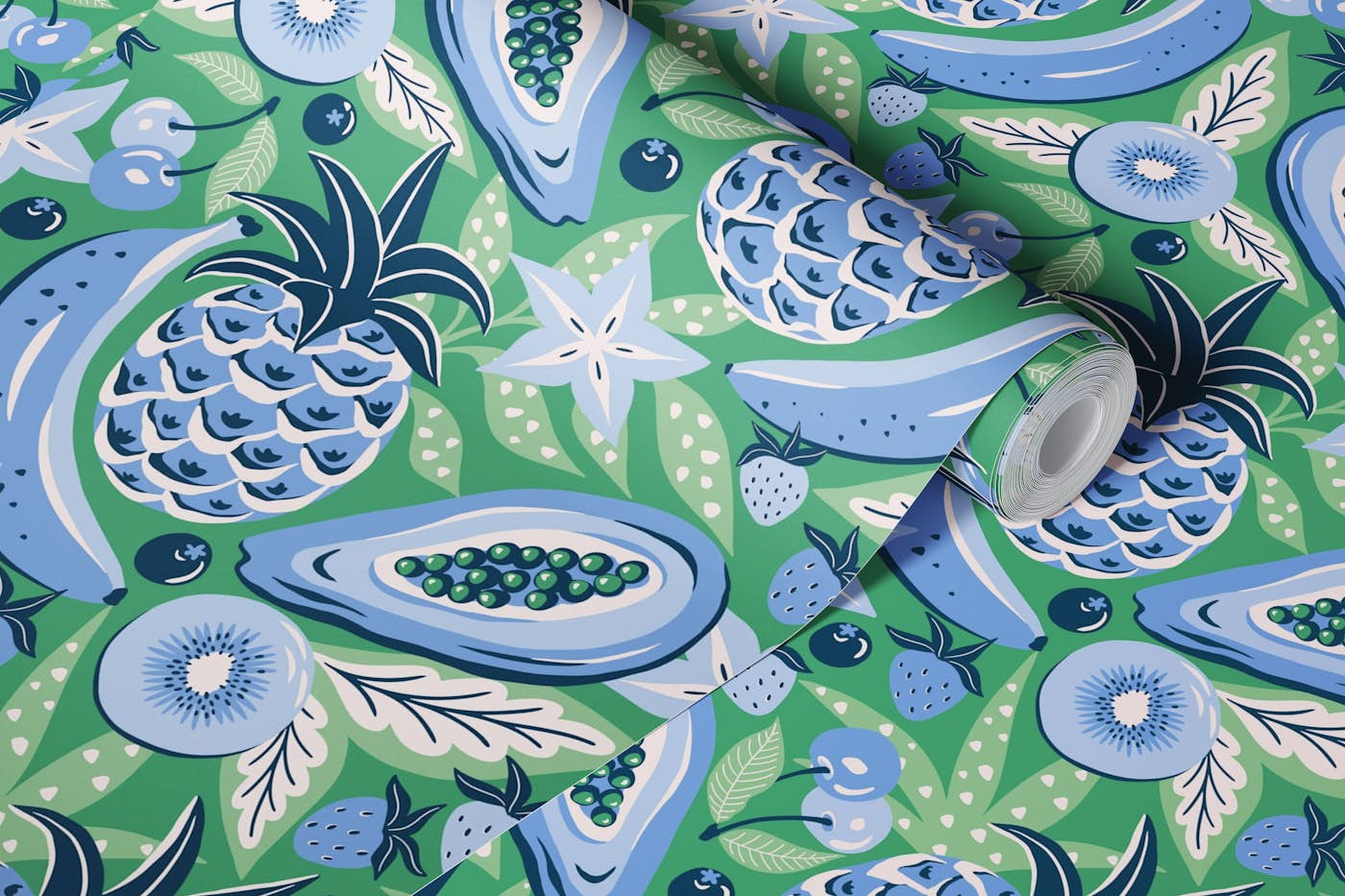 Tropical fruit - green and blue wallpaper roll