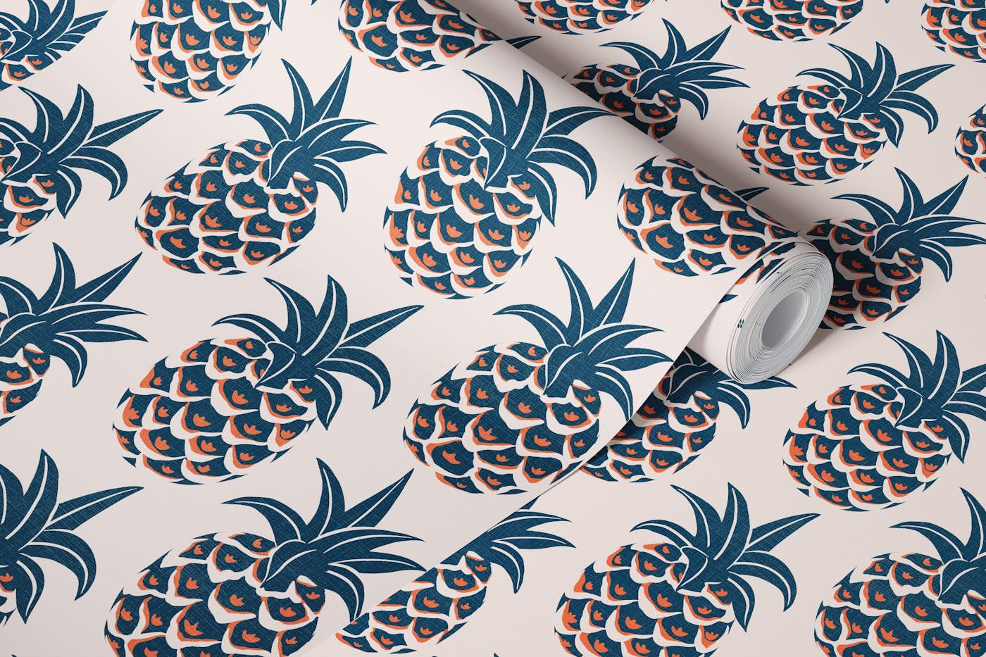 Tropical pineapples - dark blue and orange wallpaper roll