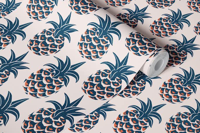 Tropical pineapples - dark blue and orangewallpaper roll