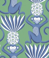 Monkeys and pineapples - blue and green wallpaper