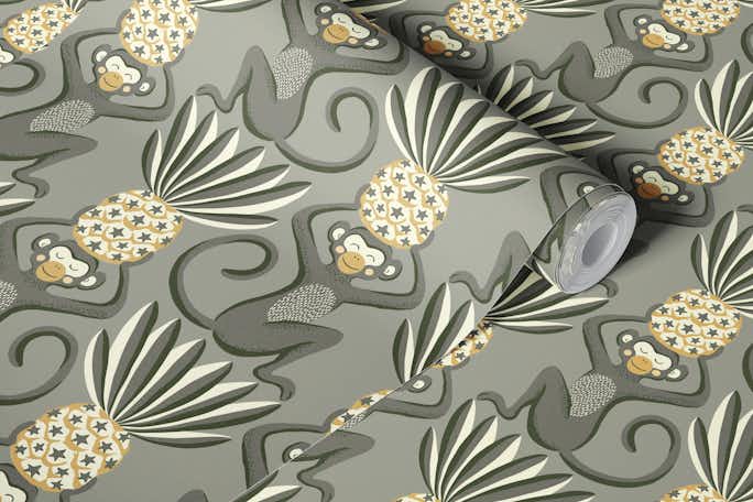 Monkeys and pineapples - brown and yellowwallpaper roll