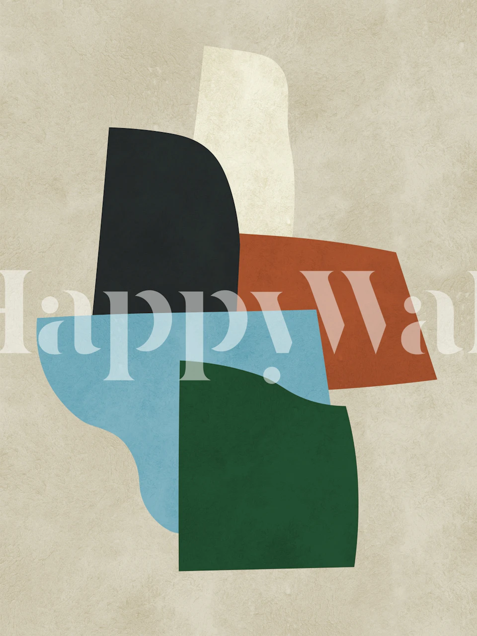 Geometrische Formen in Schwarz, Blau, Grün und Ocker auf hellem Hintergrund, moderne Tapete