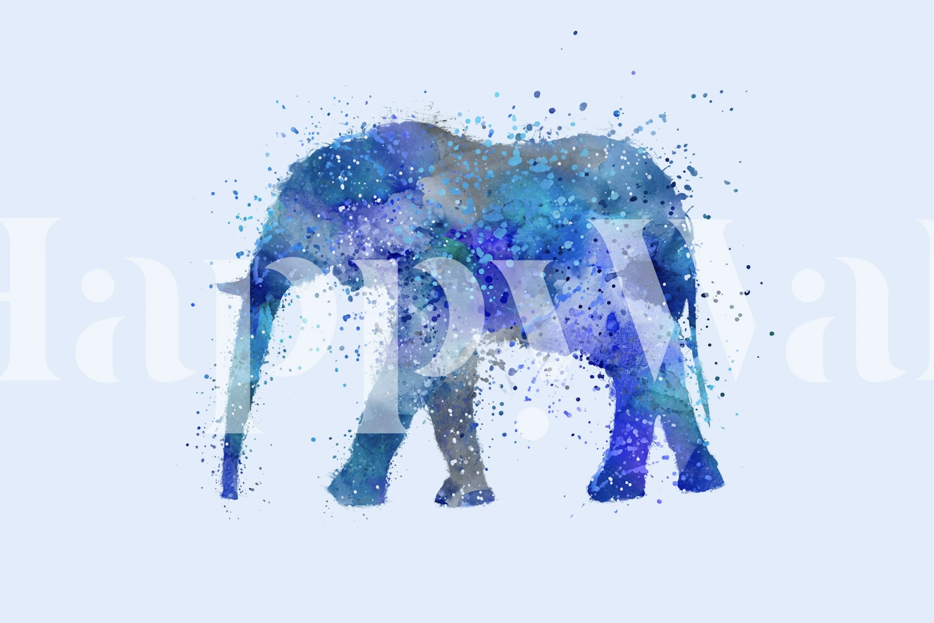 Blue Watercolor Elephant wall mural with abstract design on a white background