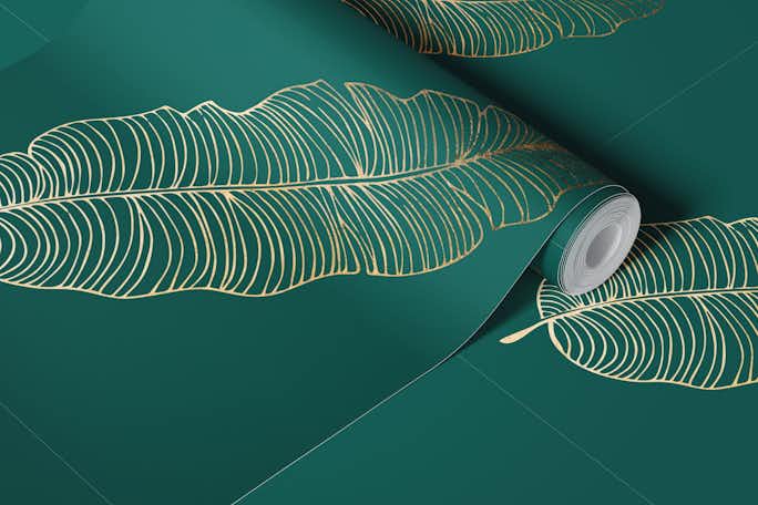 Dark green golden palm leave jungle artwallpaper roll