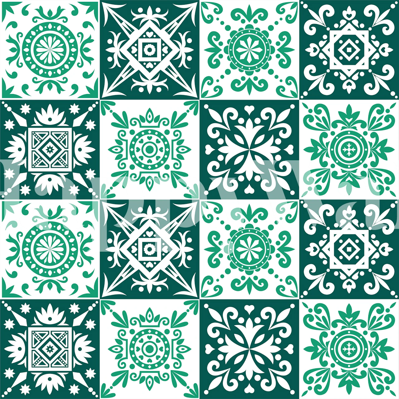 Geometric white and emerald tile pattern wallpaper