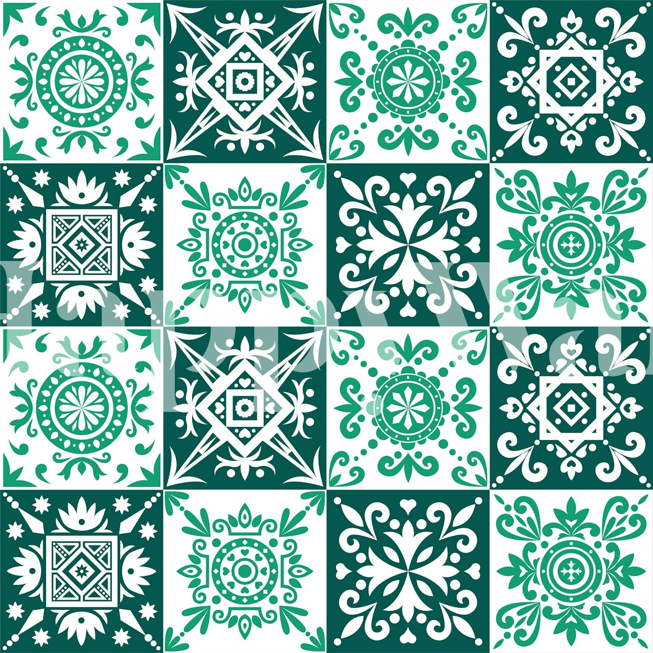 Geometric white and emerald tile pattern wallpaper