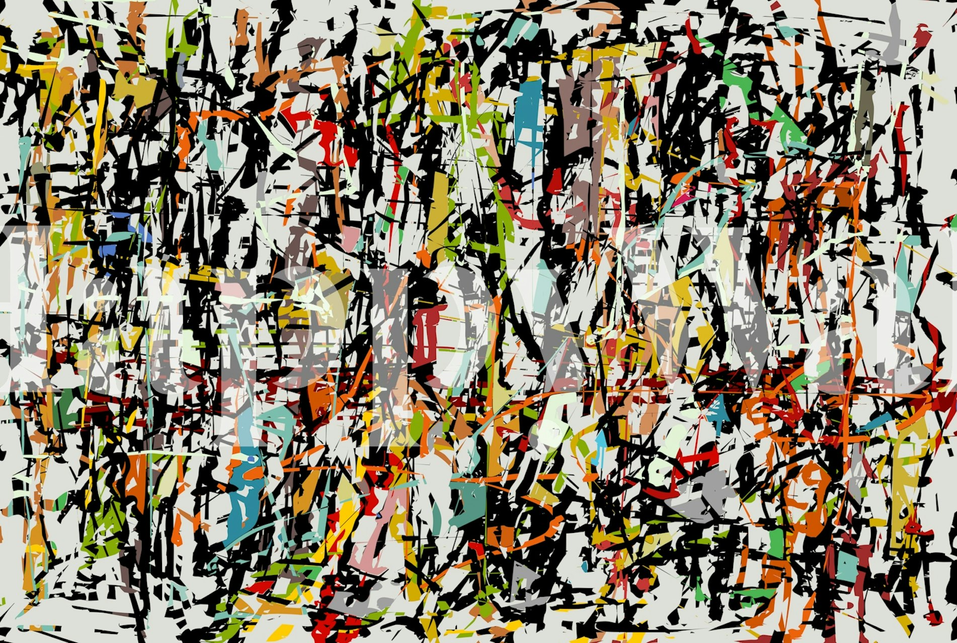 Wandbild im abstrakten Expressionismus-Stil mit bunten Spritzern und schwungvollen Pinselstrichen