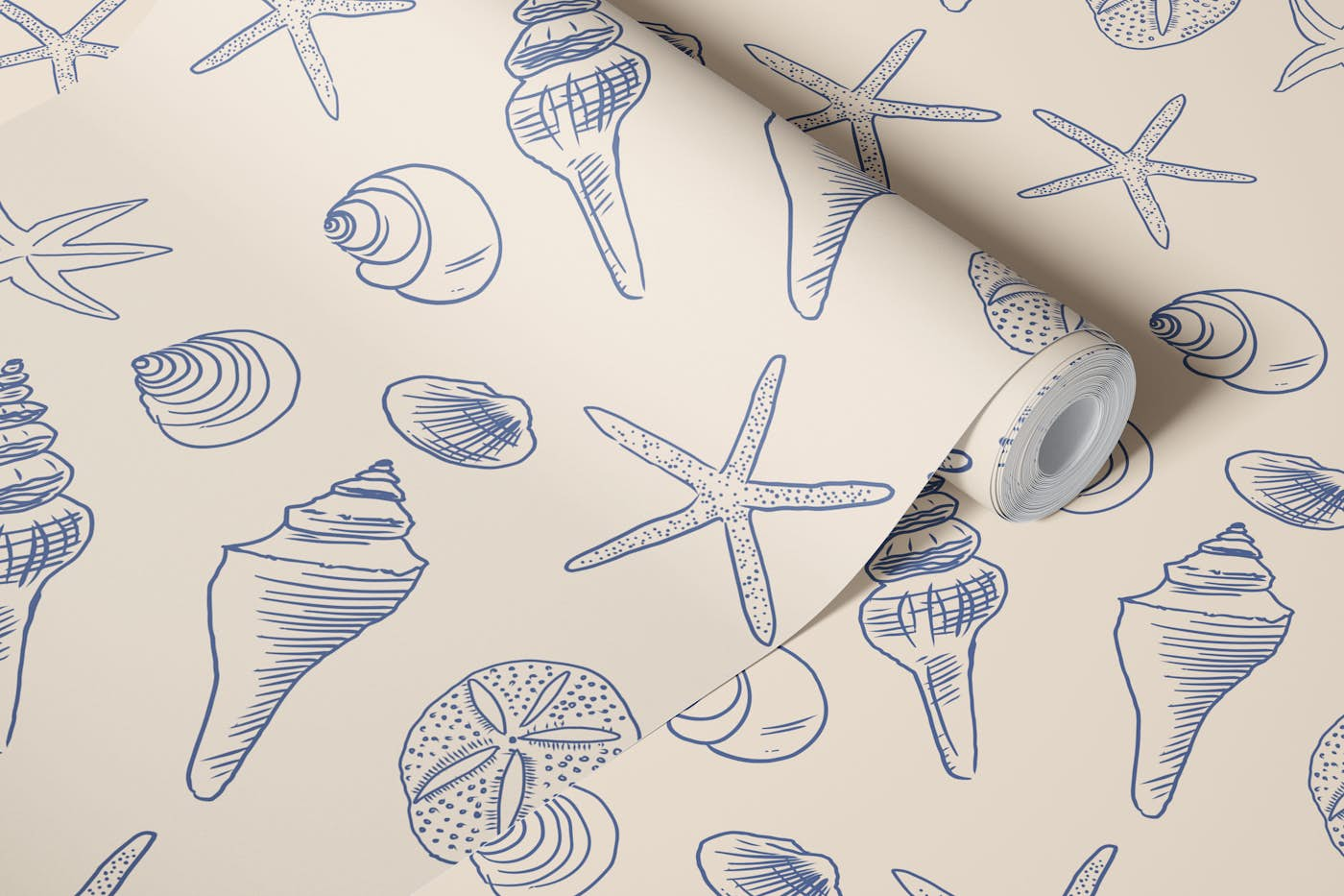 Seashells Ocean Nautical Coastal Blue Ivory wallpaper roll