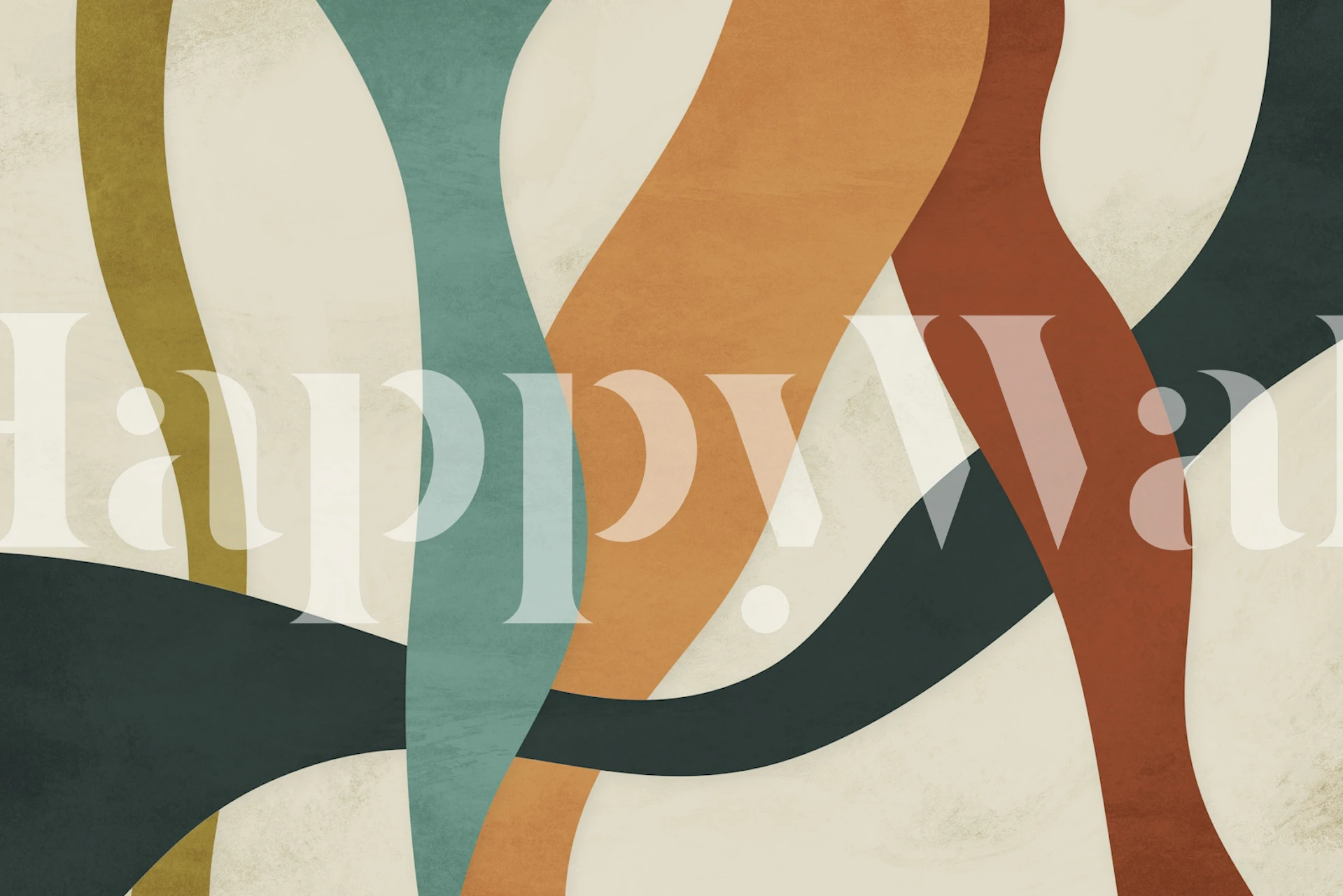 Abstract wall mural with modern flowing lines in green, brown, and orange tones on a textured background.