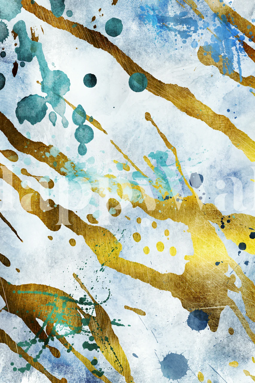 Abstract blue and gold shapes on a textured background wallpaper