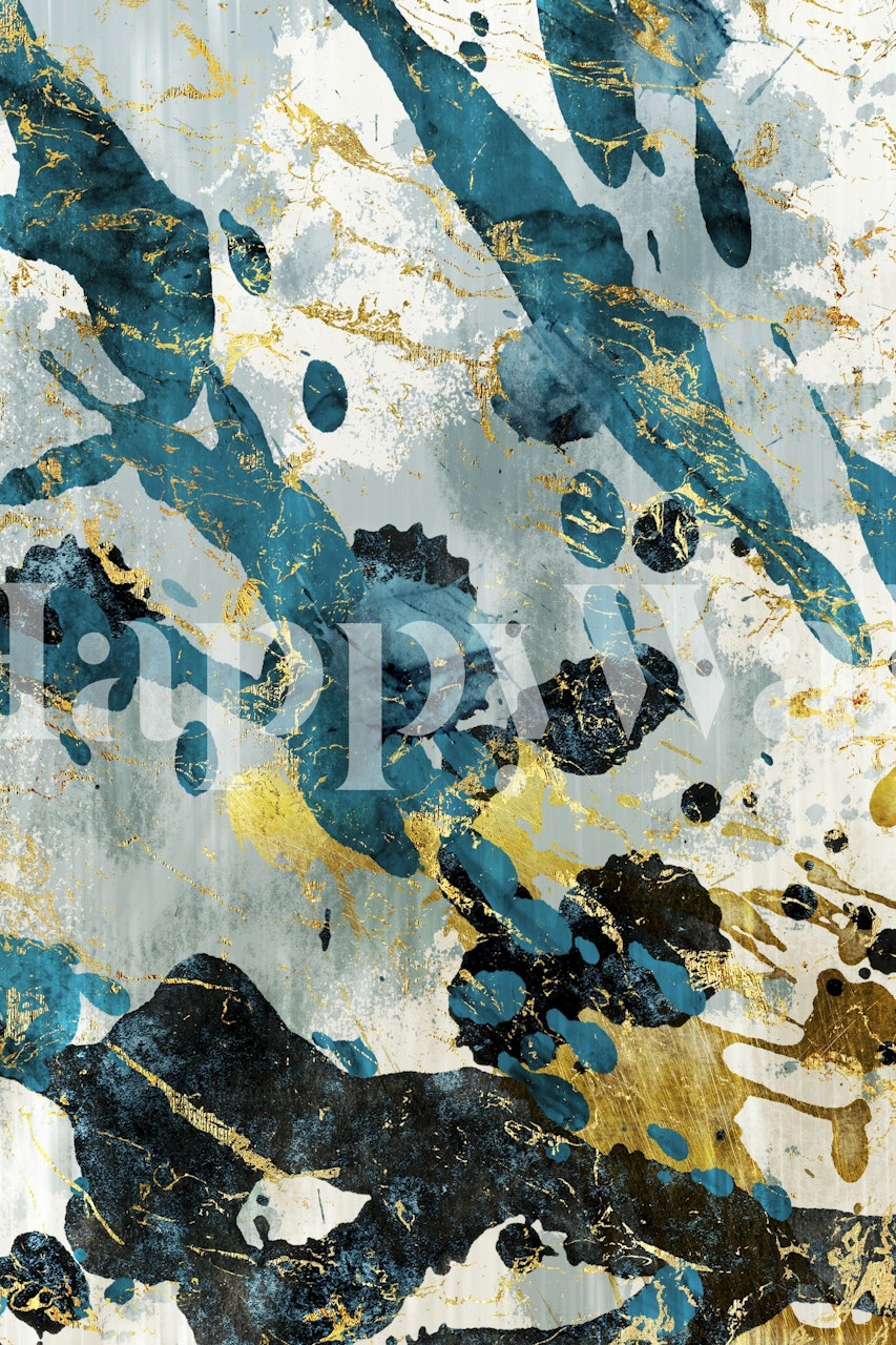 Elegante mural de pared abstracto en azul y dorado con detalles metálicos