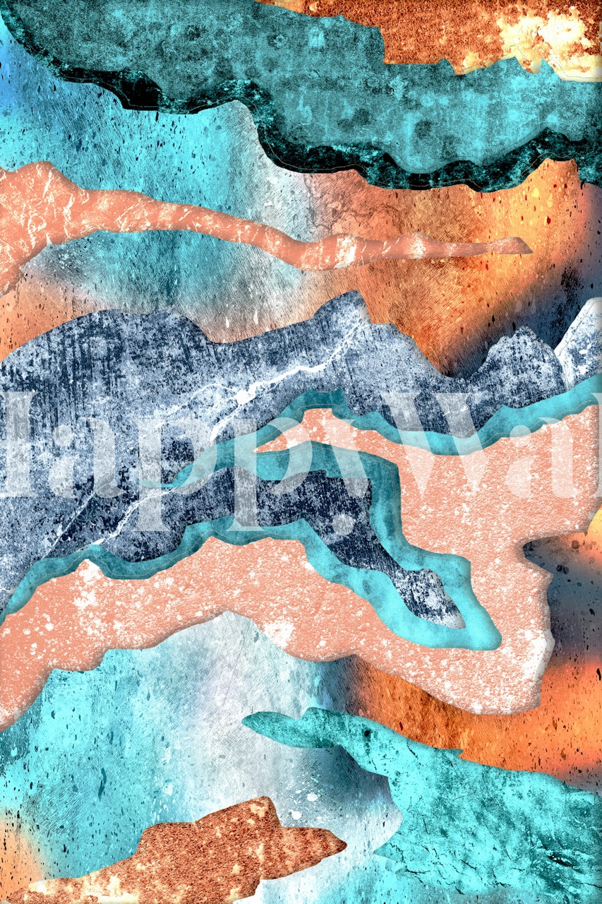 Abstract wall mural with blue and pink rocky shapes