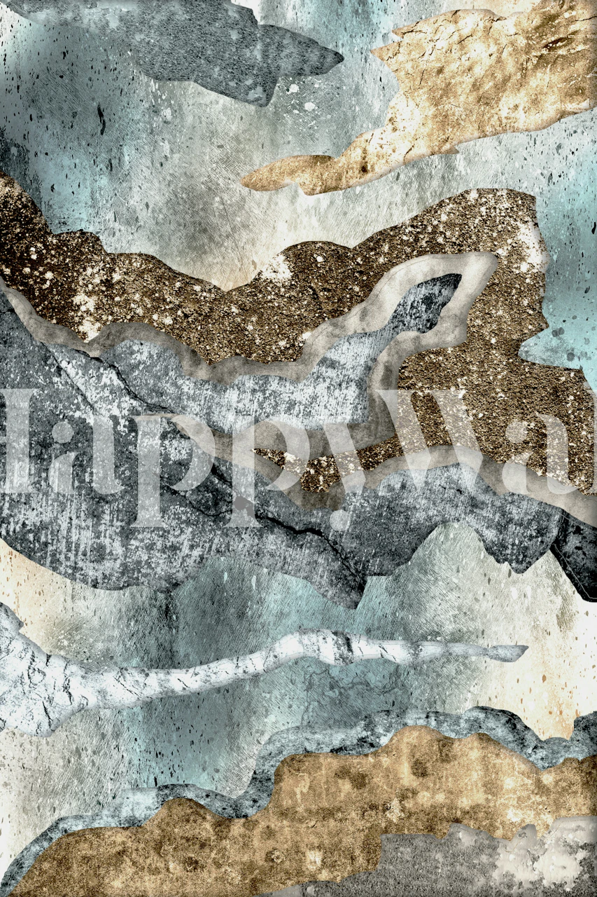 Abstract rocky shapes in blue, copper, and beige tones wallpaper