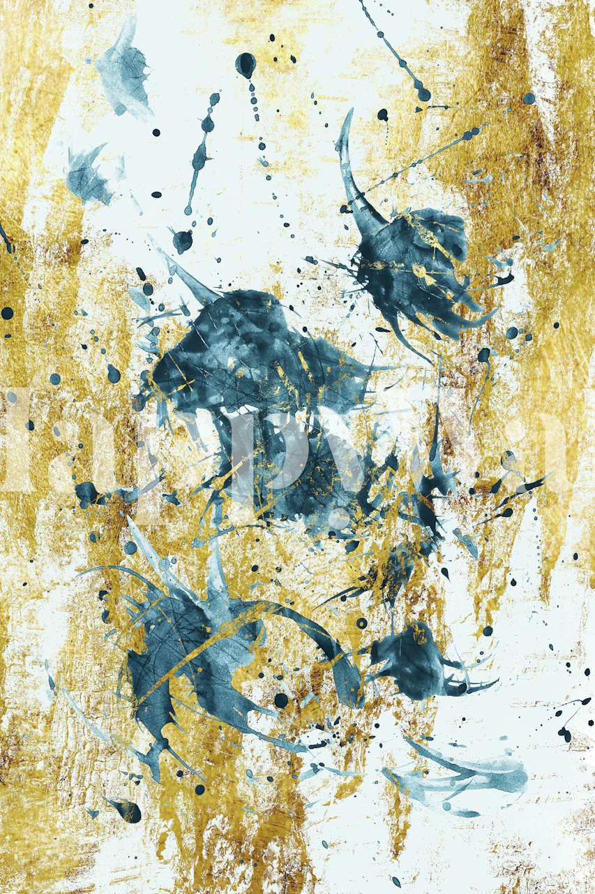 Golden and blue abstract wallpaper in a room