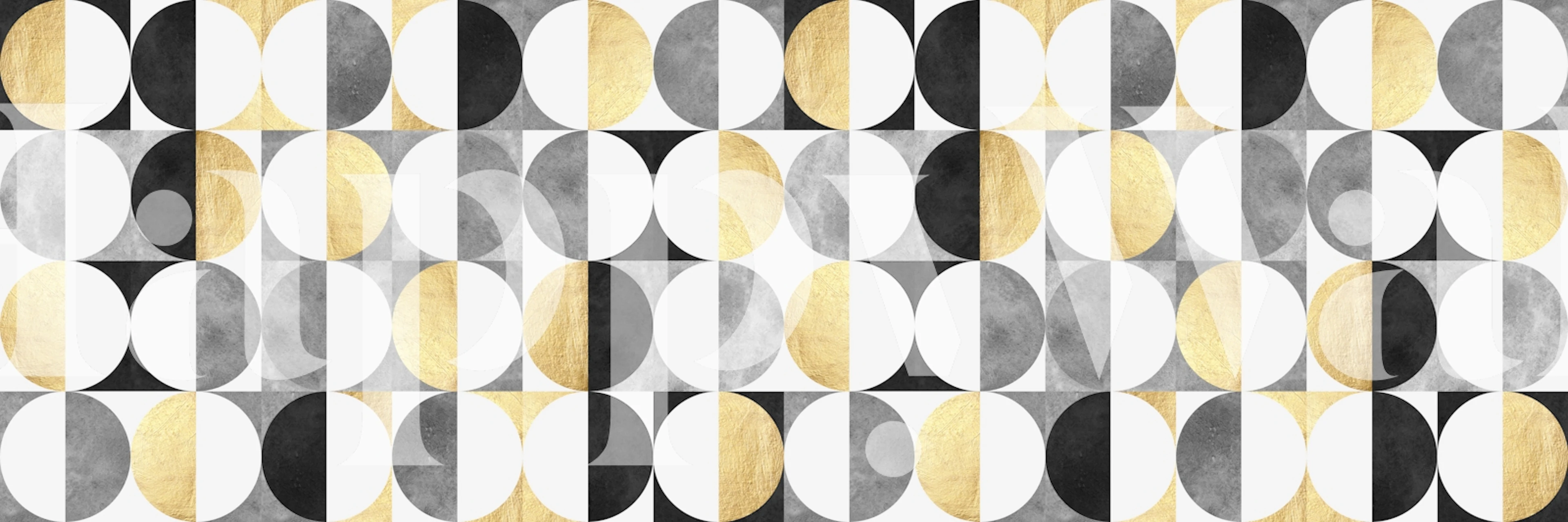 Geometric circular shapes in black, white, and gold wallpaper