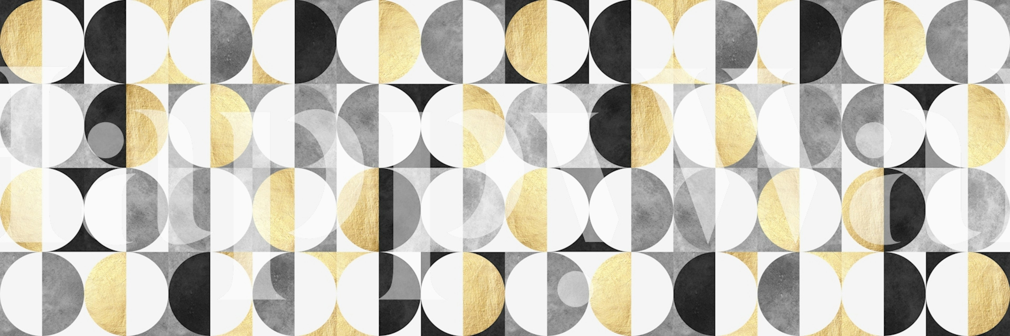Geometric circular shapes in black, white, and gold wallpaper