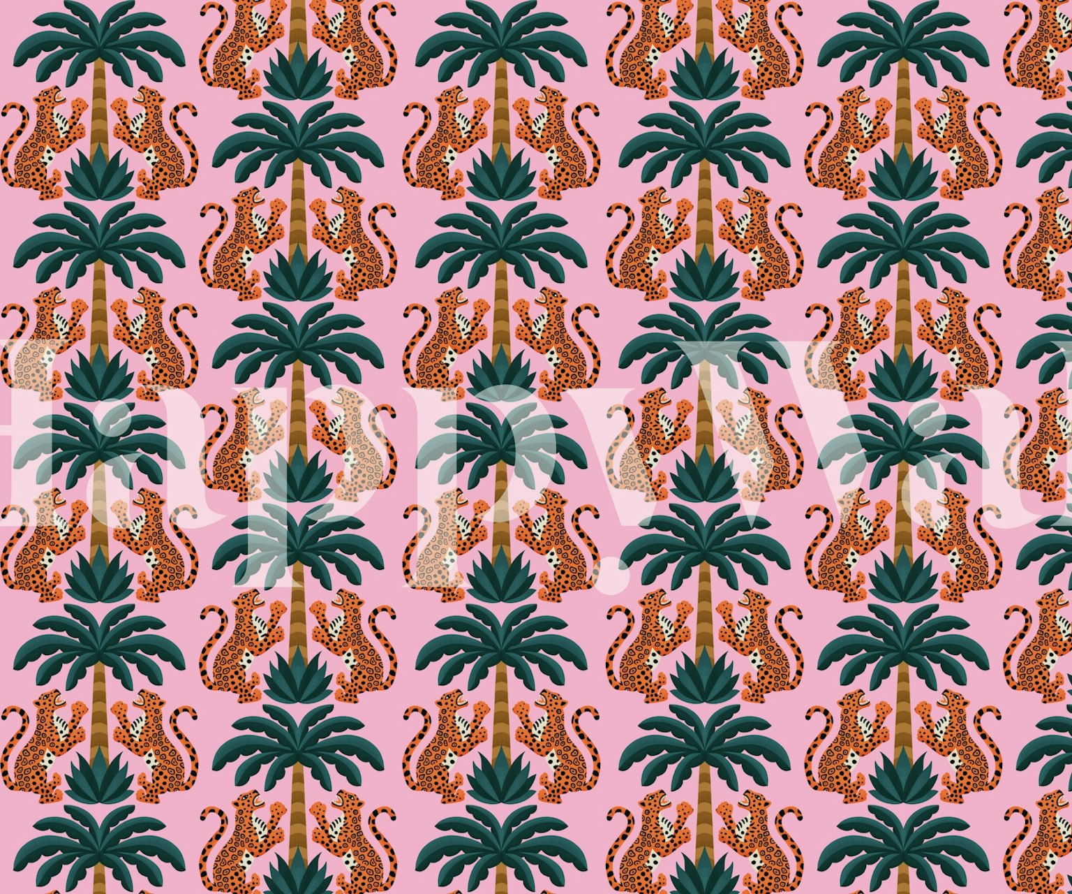Papier peint jaguars exotiques et feuilles de palmier sur fond rose