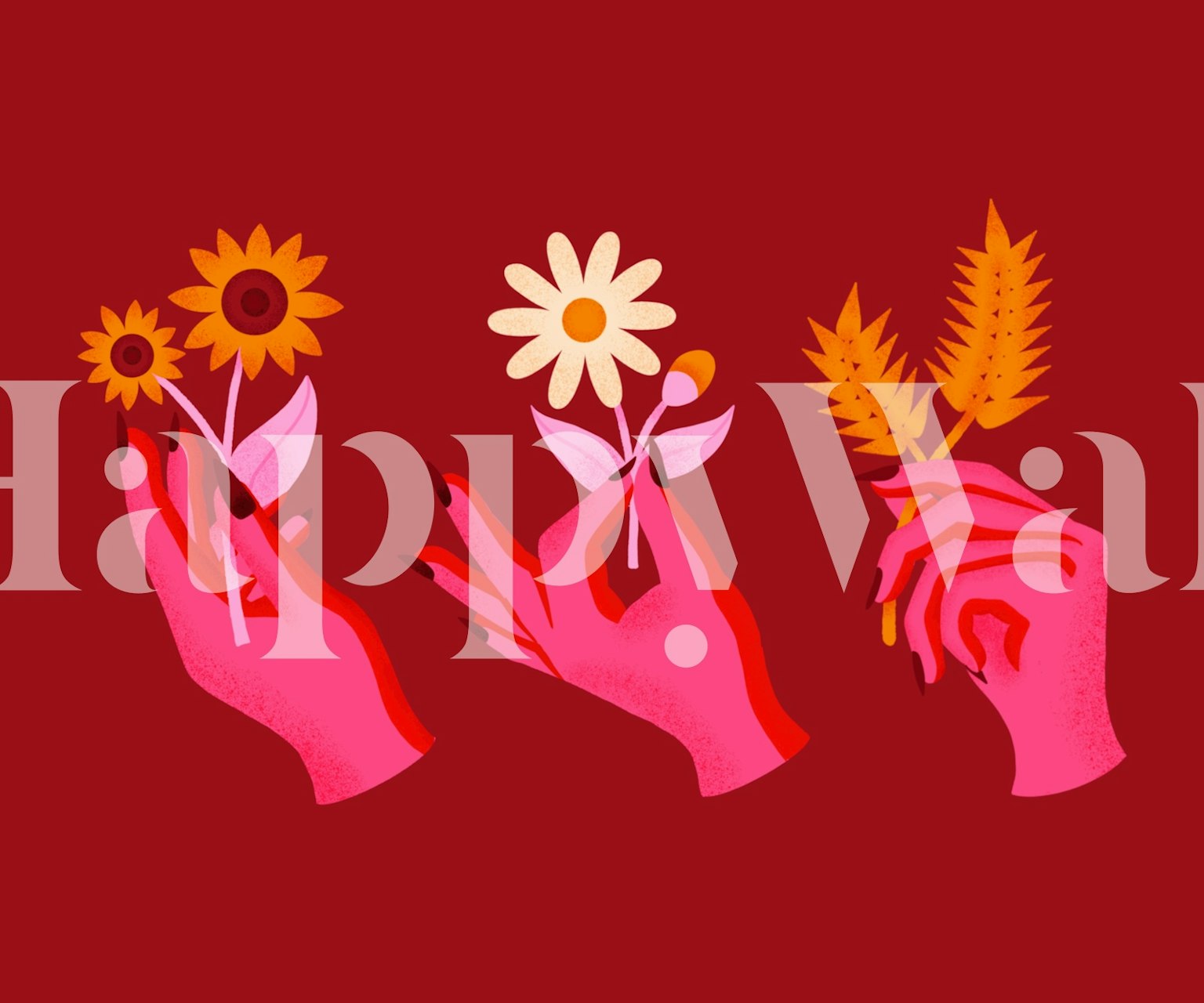 Colorful floral hands on red background wallpaper