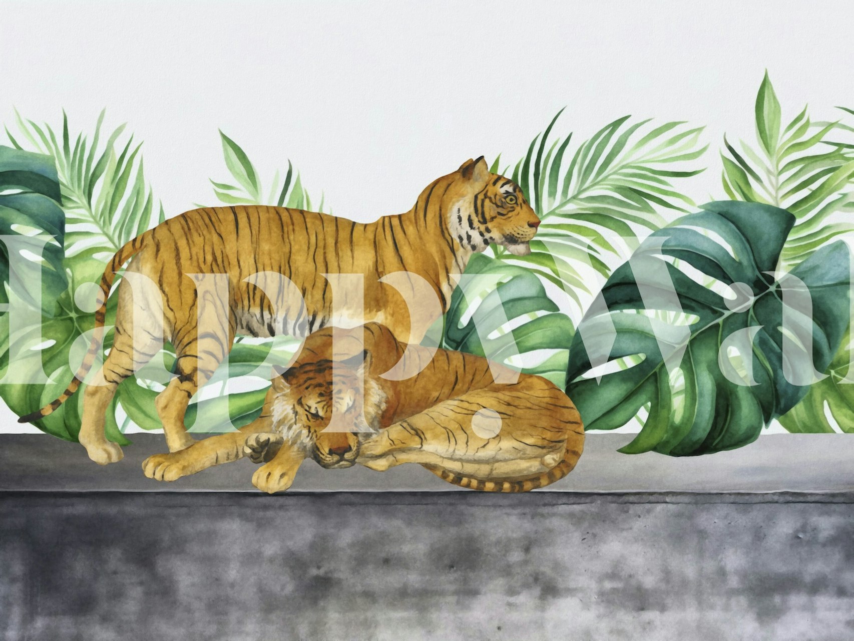 Urban Jungle wall mural with tropical foliage and tigers resting among lush green leaves on Happywall.