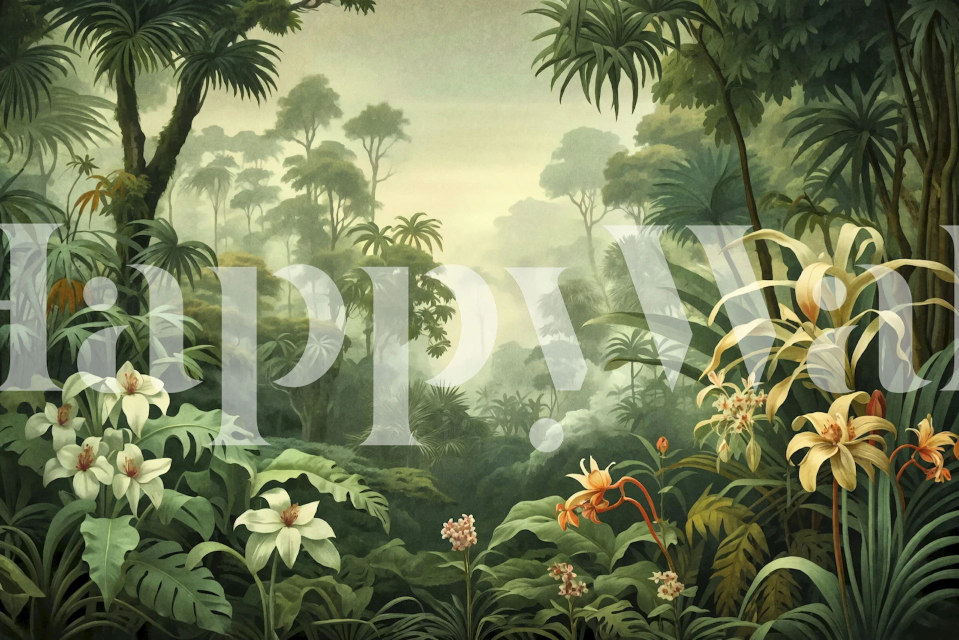 Vibrant tropical rainforest wall mural with dense foliage and blooming flowers