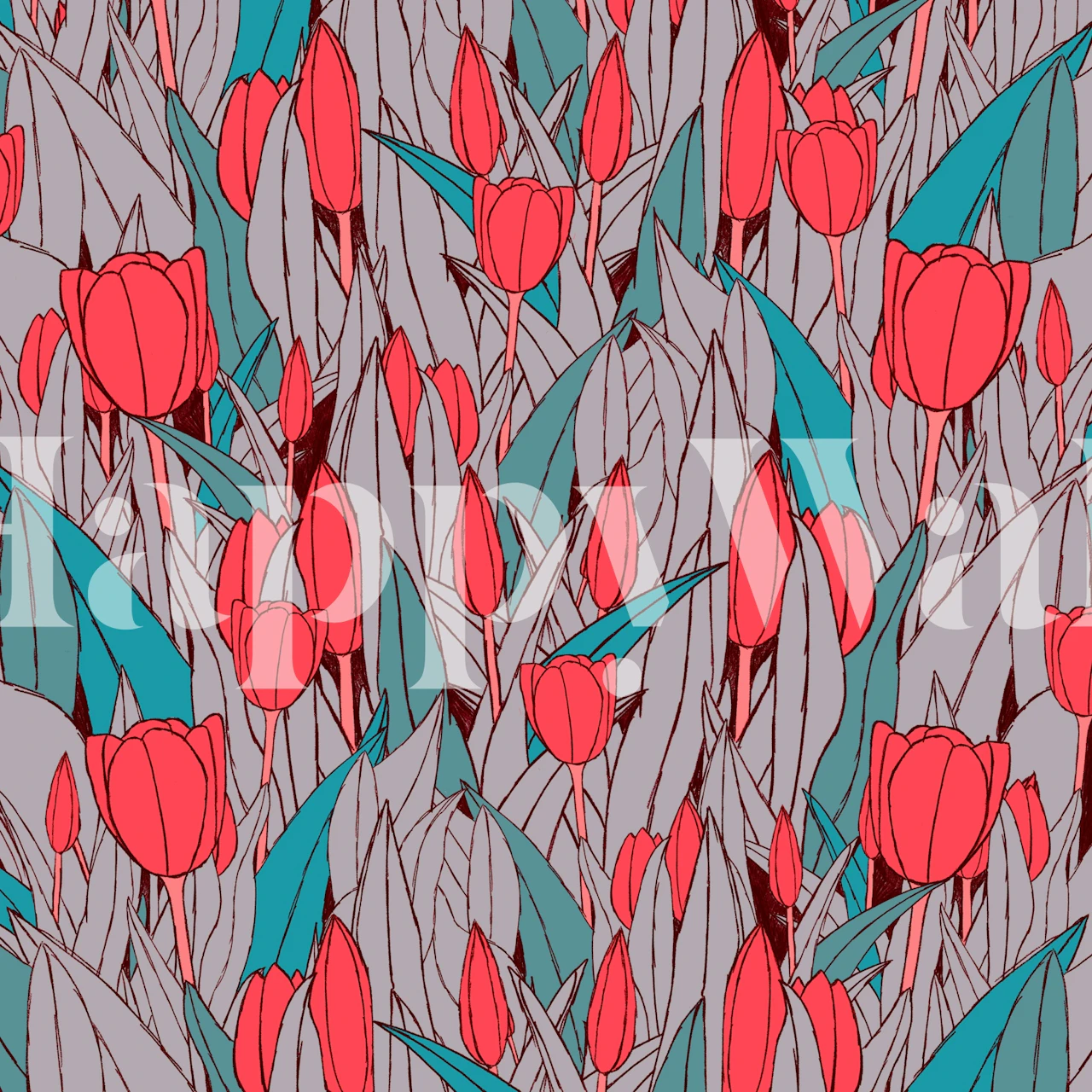 Red tulip wallpaper displayed in a room