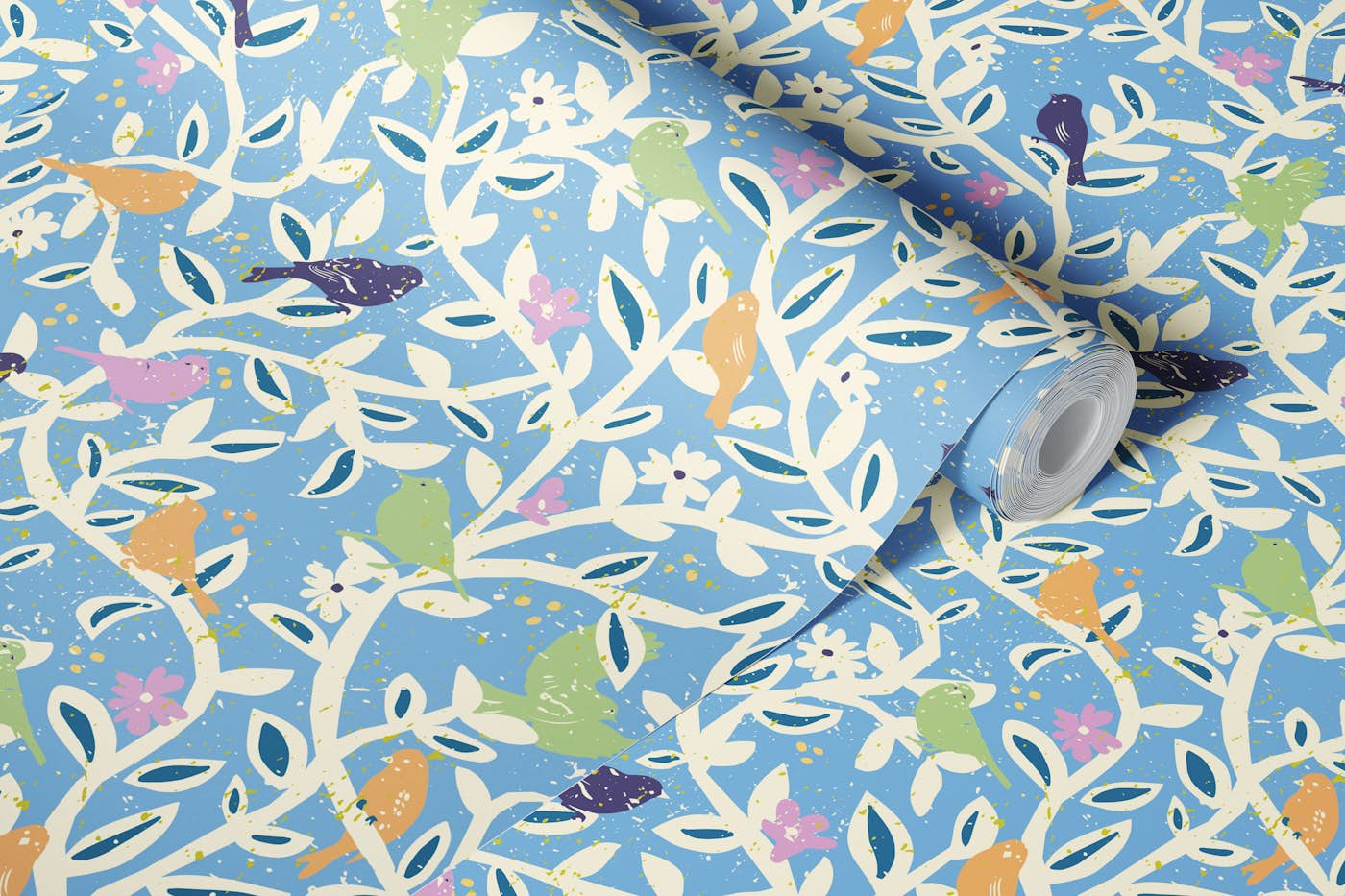 Birds in branches chalky blue wallpaper roll