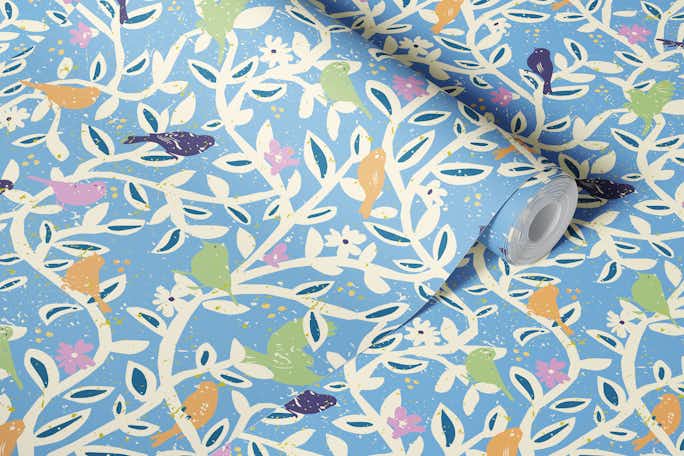 Birds in branches chalky bluewallpaper roll