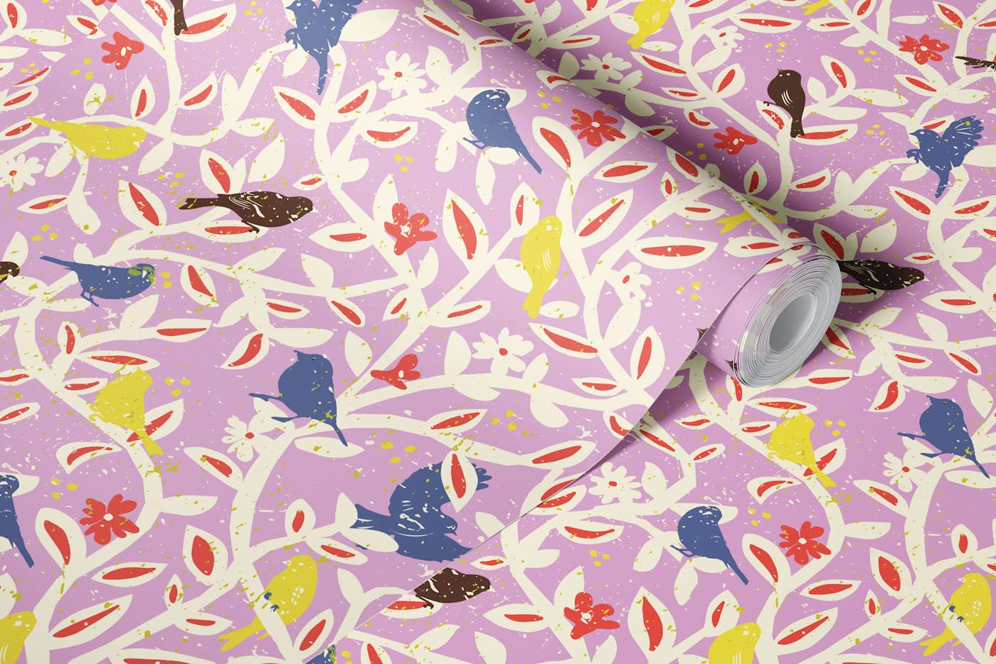 Birds in branches chalky pink wallpaper roll