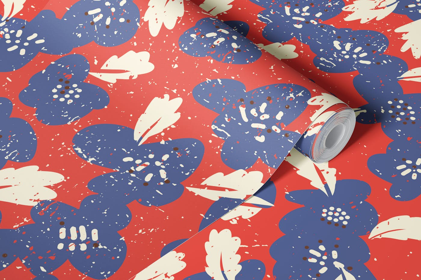 Bold flowers in my garden denim blue red wallpaper roll