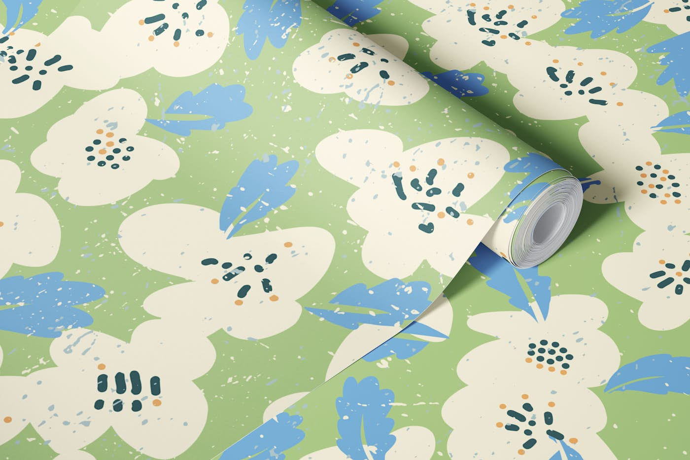 Bold flowers in my garden on chalky green wallpaper roll