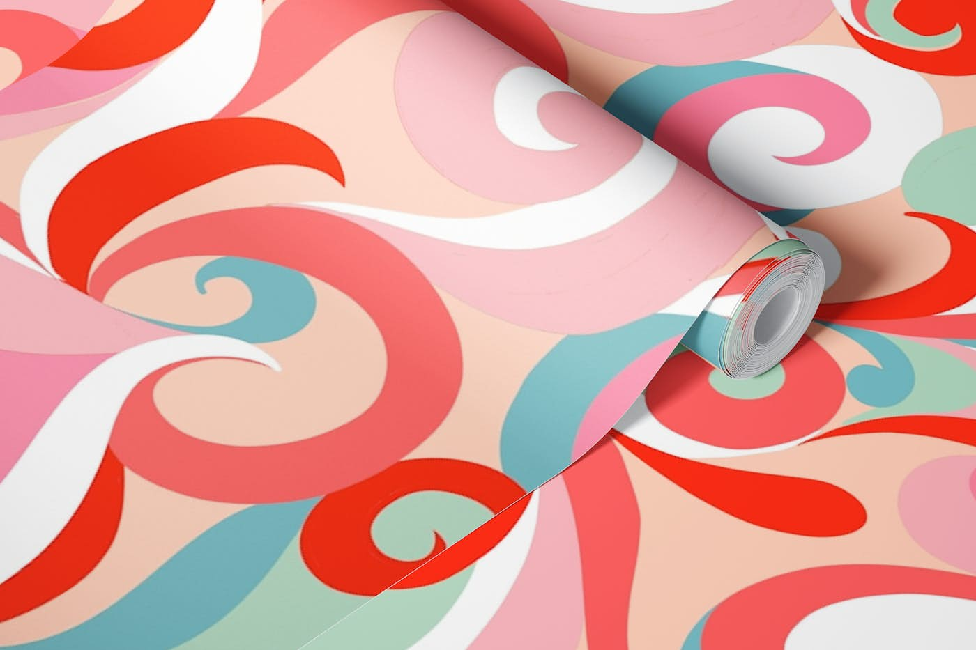 flourish and swirls pink red wallpaper roll