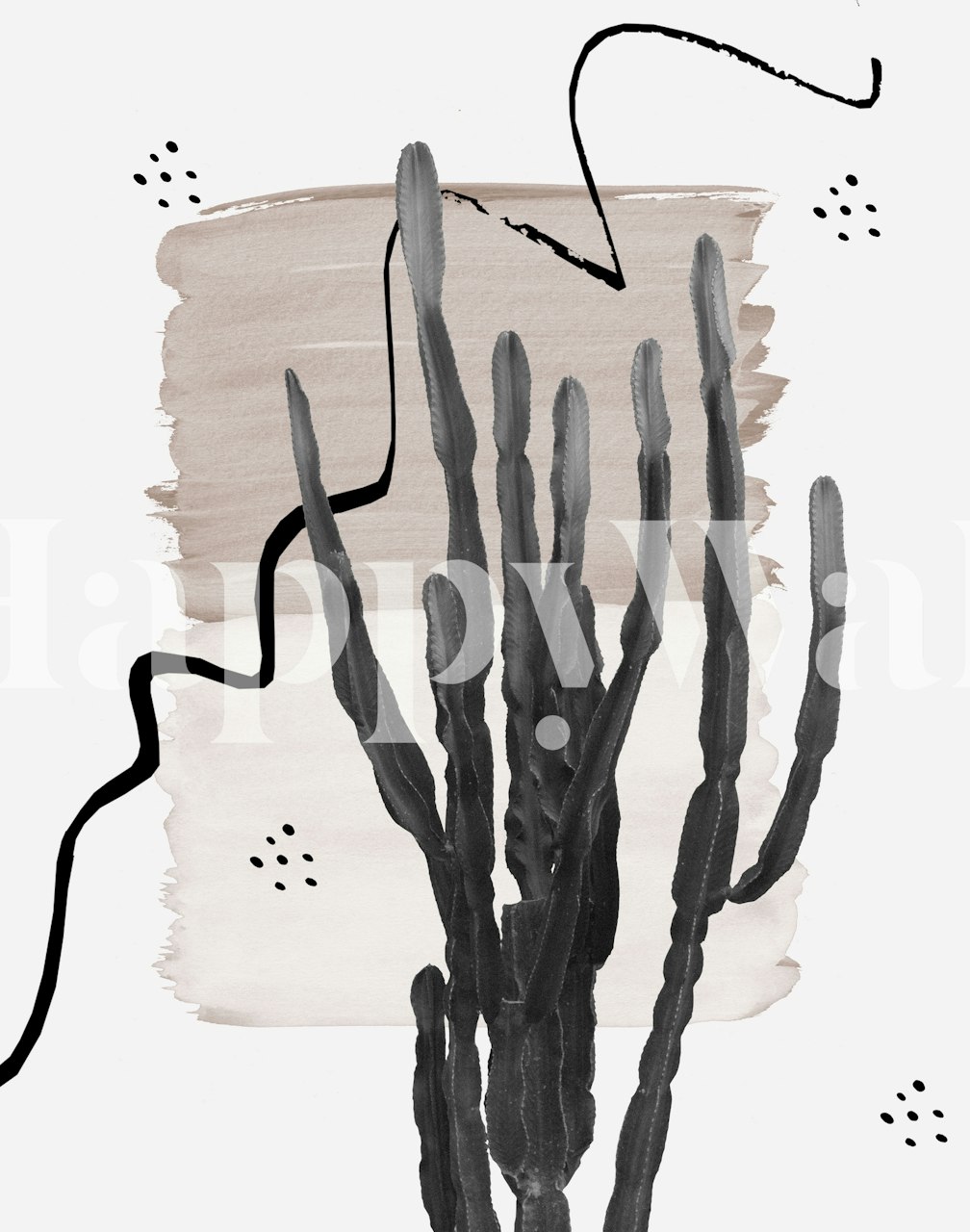Abstract cactus design in black and beige tones on wallpaper