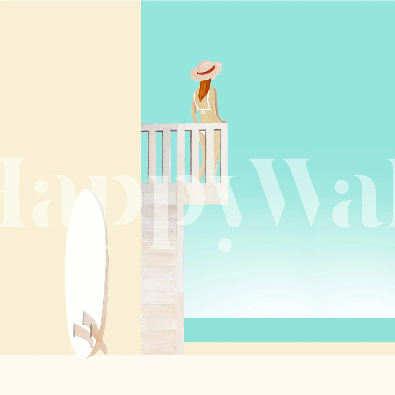 Woman in hat on balcony with ocean view, beach wall mural