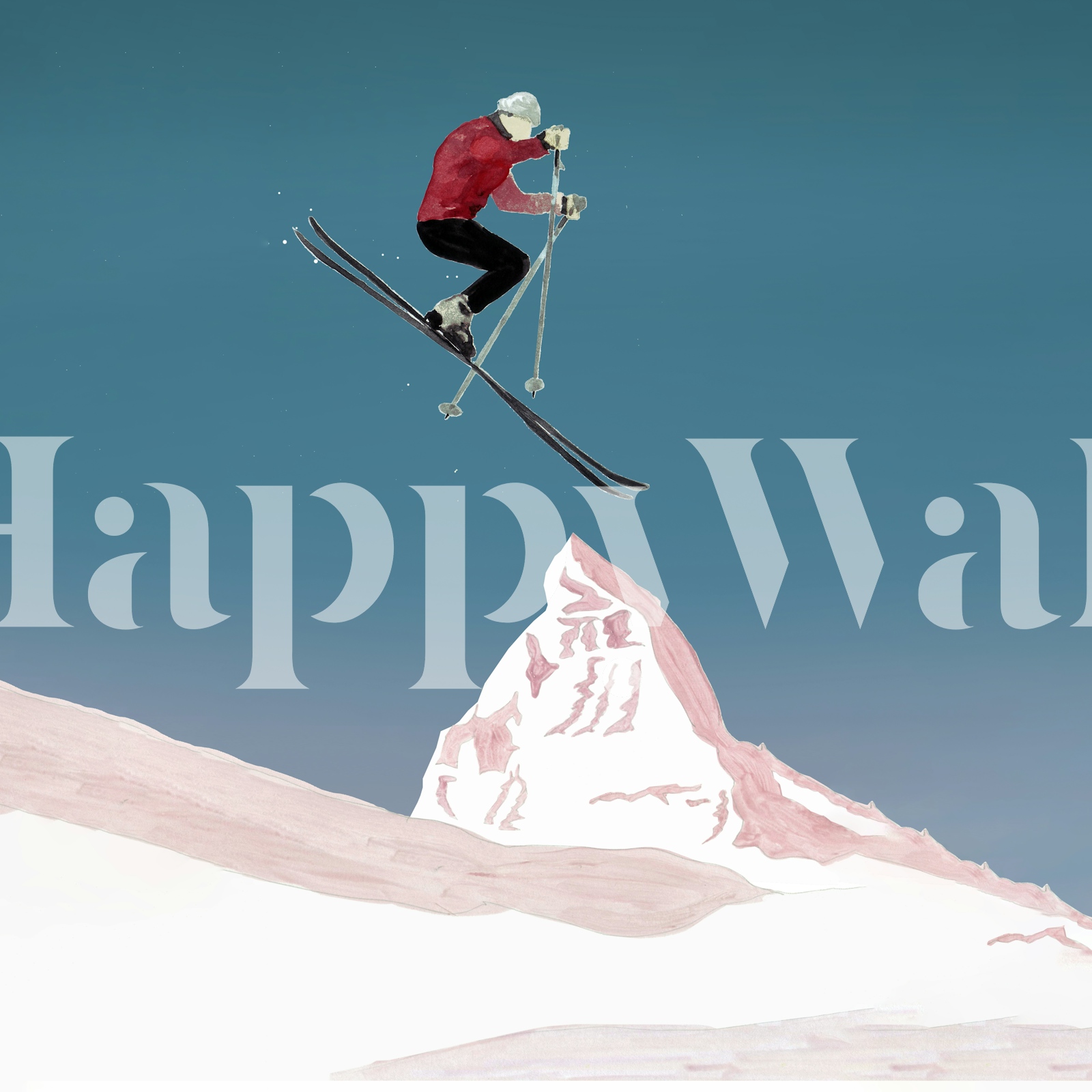 Ski jumper soaring over snowy mountain peak in blue wallpaper