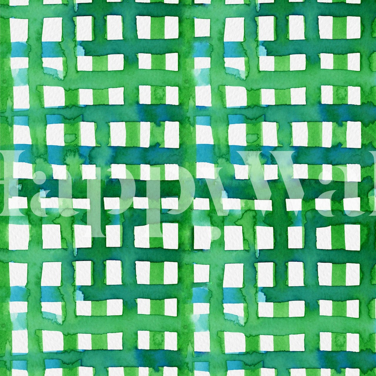 Green geometric grid pattern wallpaper with white squares