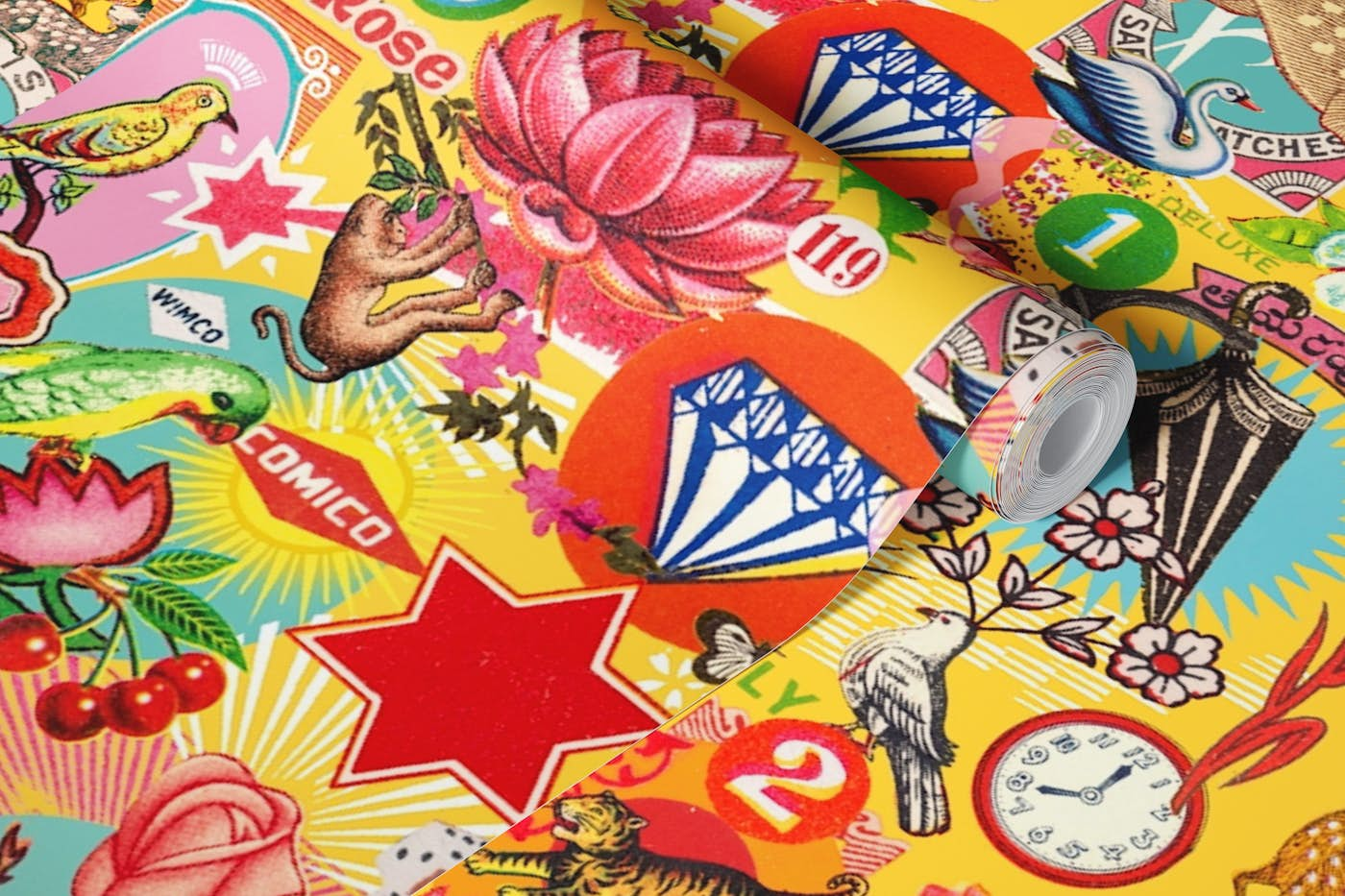 vintage matchbox collage wallpaper roll