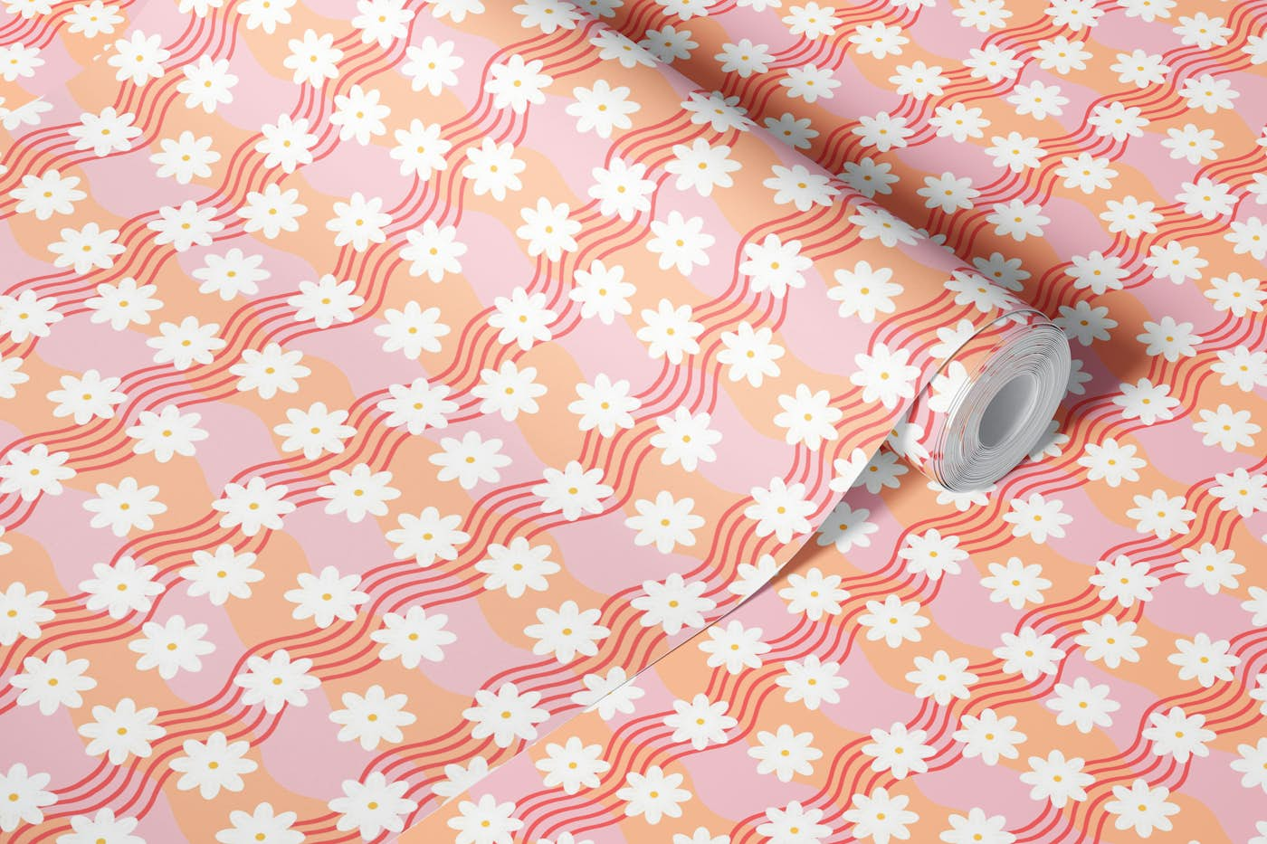 Peach fuzz Daisy stripes wallpaper roll