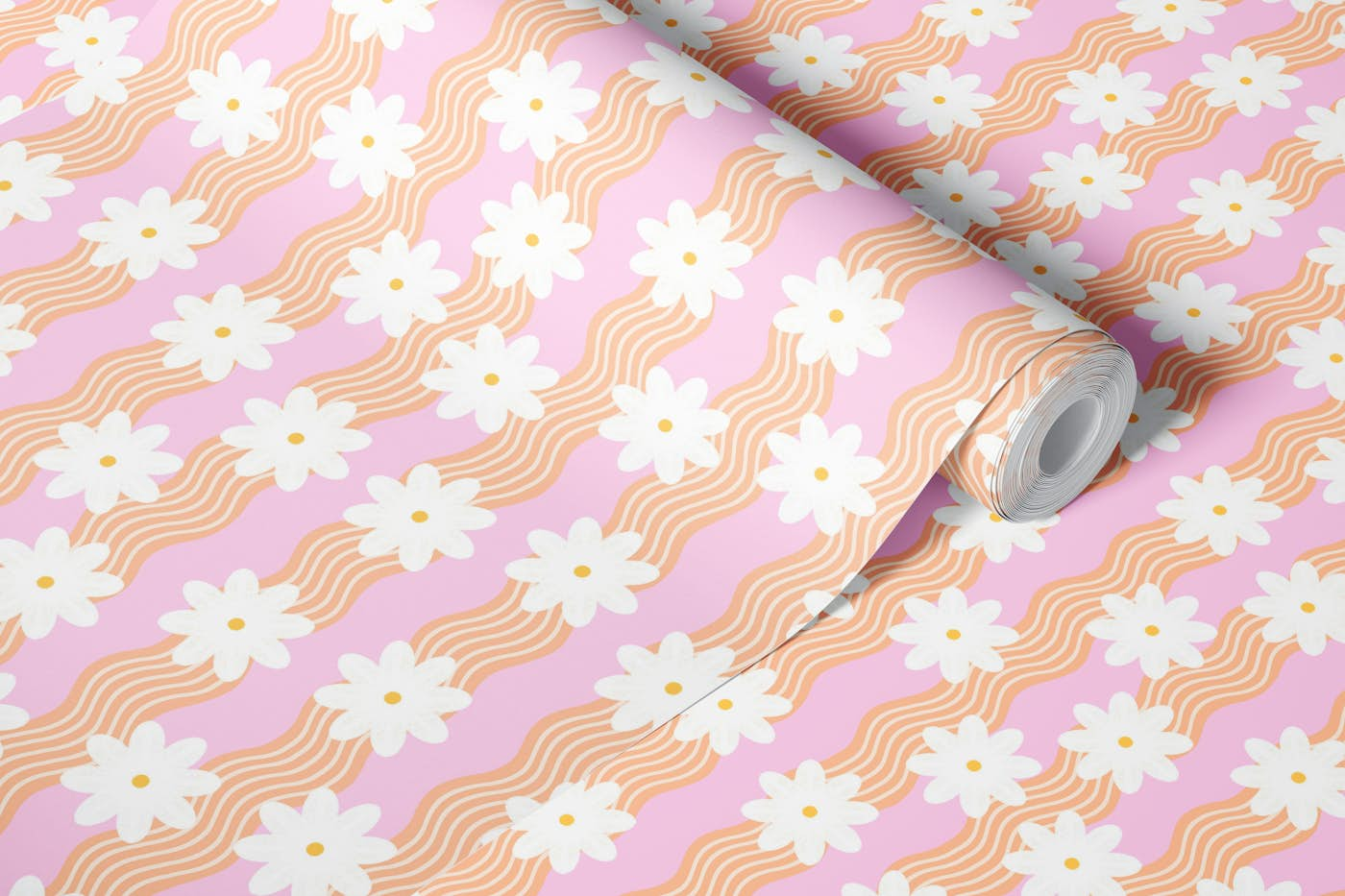 Peach fuzz Daisy stripe wallpaper roll