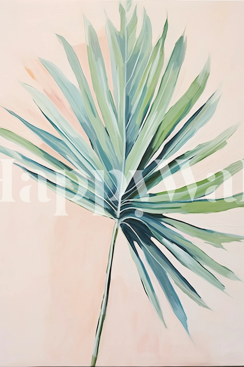 Tropical palm leaf design in green and blue on light background wallpaper