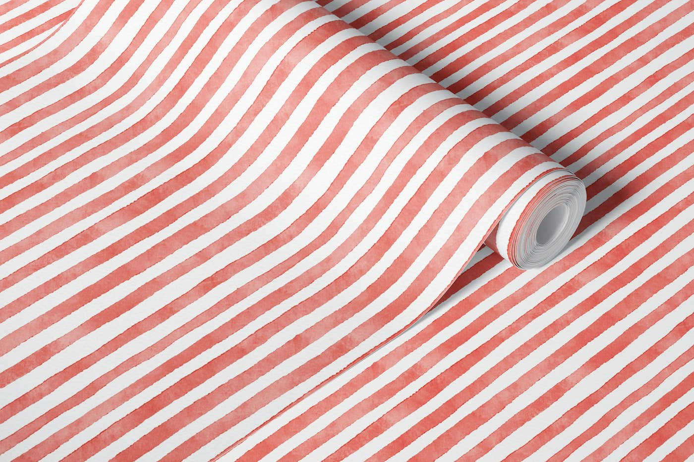 Watercolor Fine Stripes - Coral Red color wallpaper roll