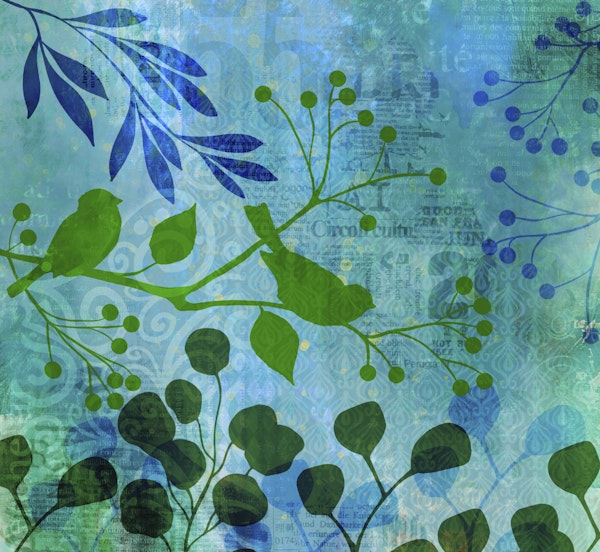 Whimsy Bird Garden Dreamy Collage Blue Green