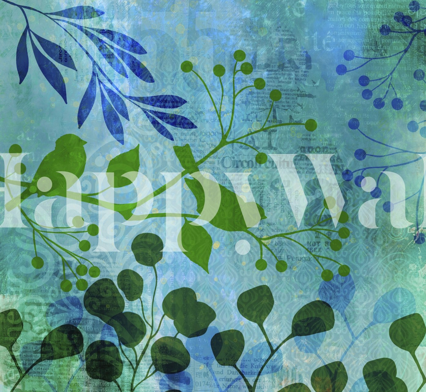 Artistic collage wall mural of birds and garden in blue and green hues.