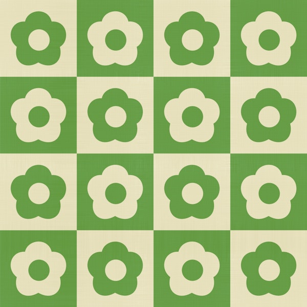 Retro Flowers Checkerboard Green Cream