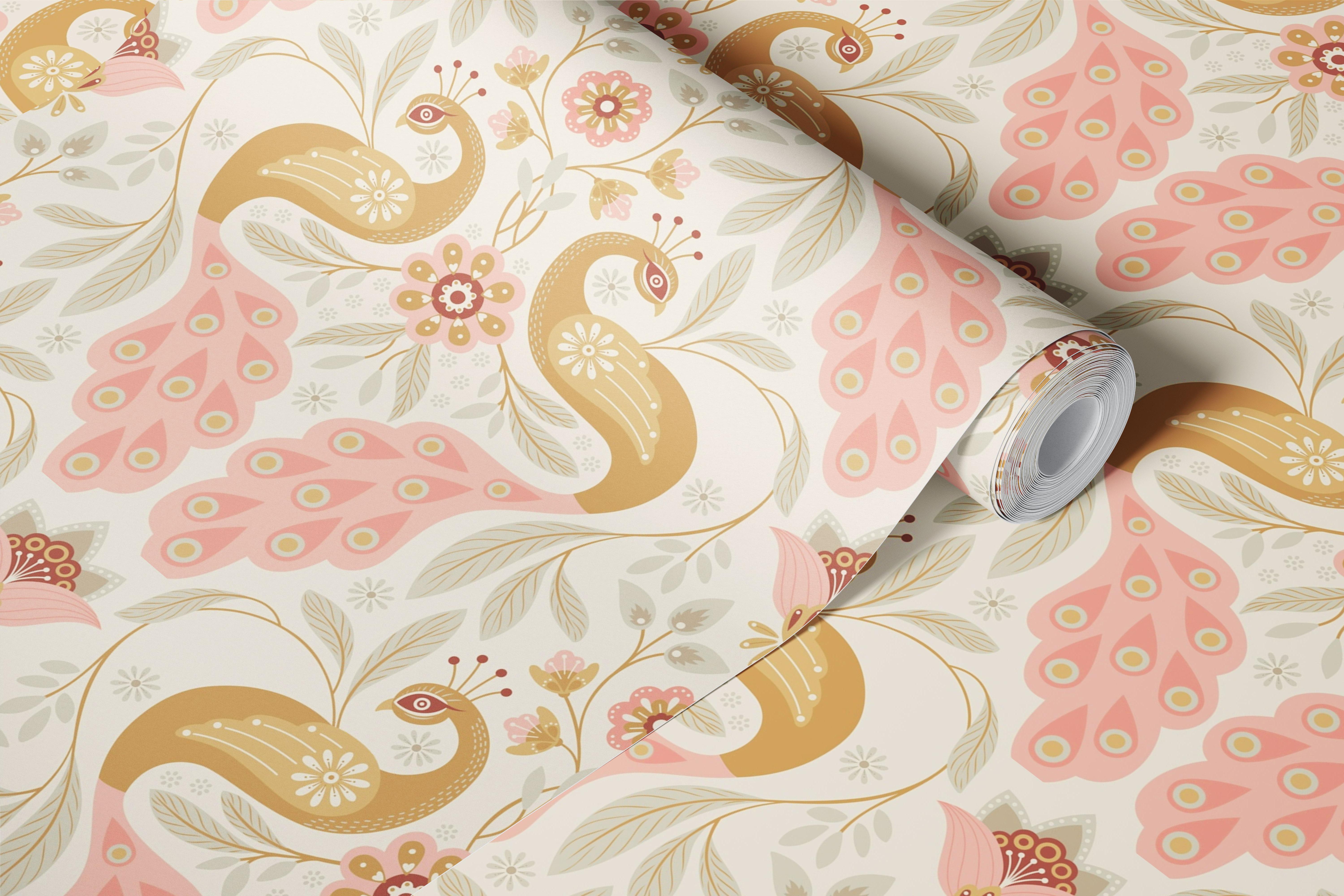 Pastellfarget påfuglveggmaleri med blomsterdesign i et symmetrisk mønster