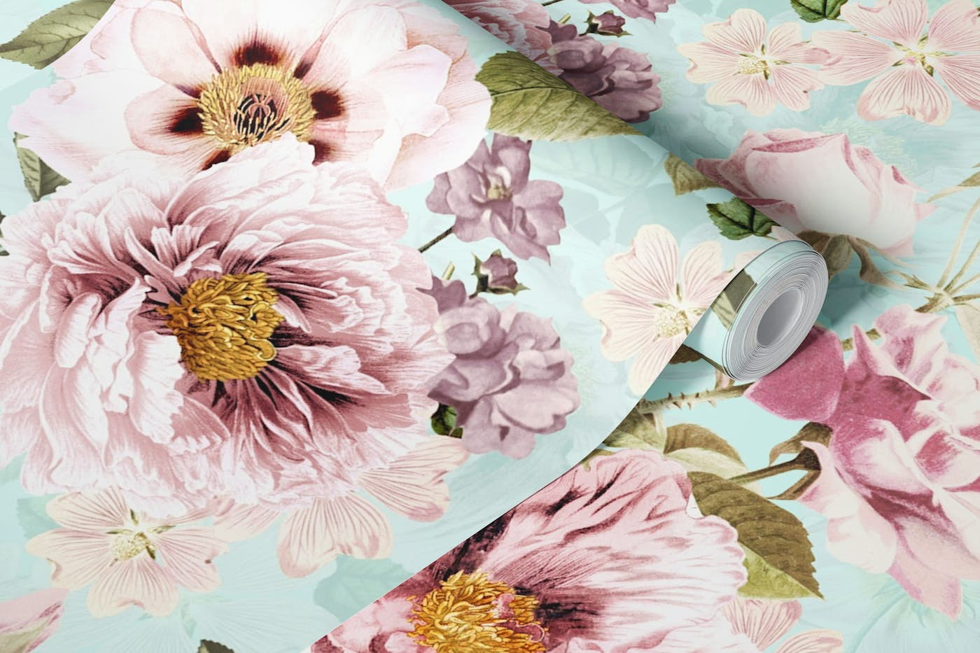 Victorian turquoise Peonies Garden wallpaper roll