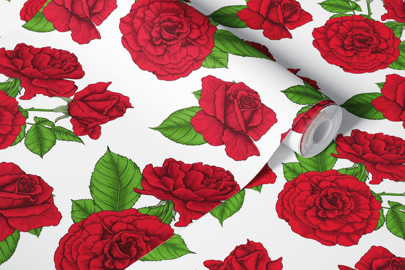 Red roses on white wallpaper roll