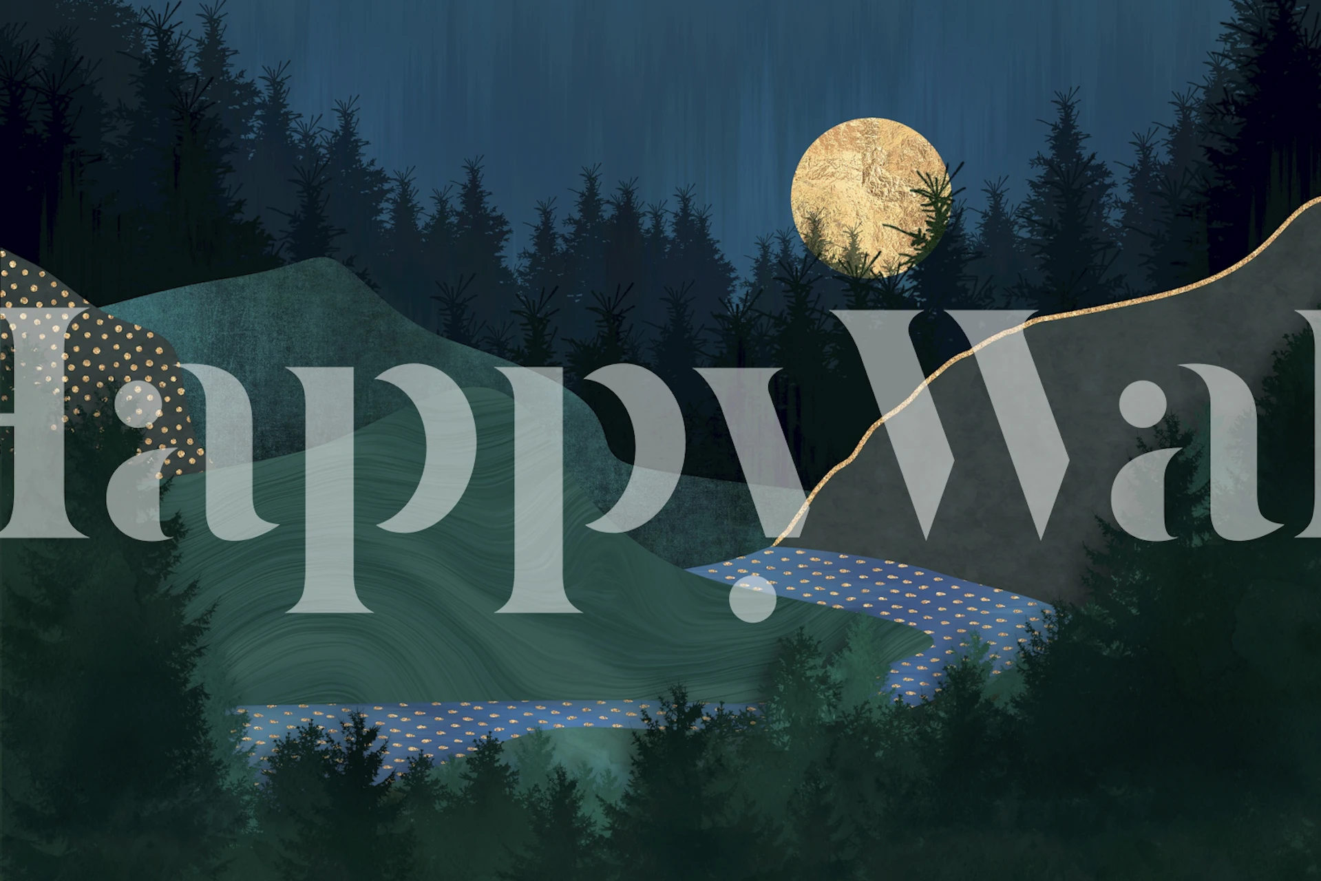 Midnight forest landscape with a full moon; blue and green wallpaper