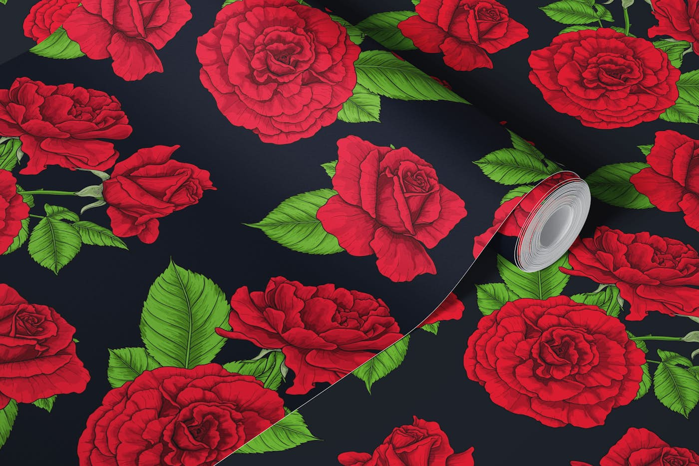 Red roses on black wallpaper roll