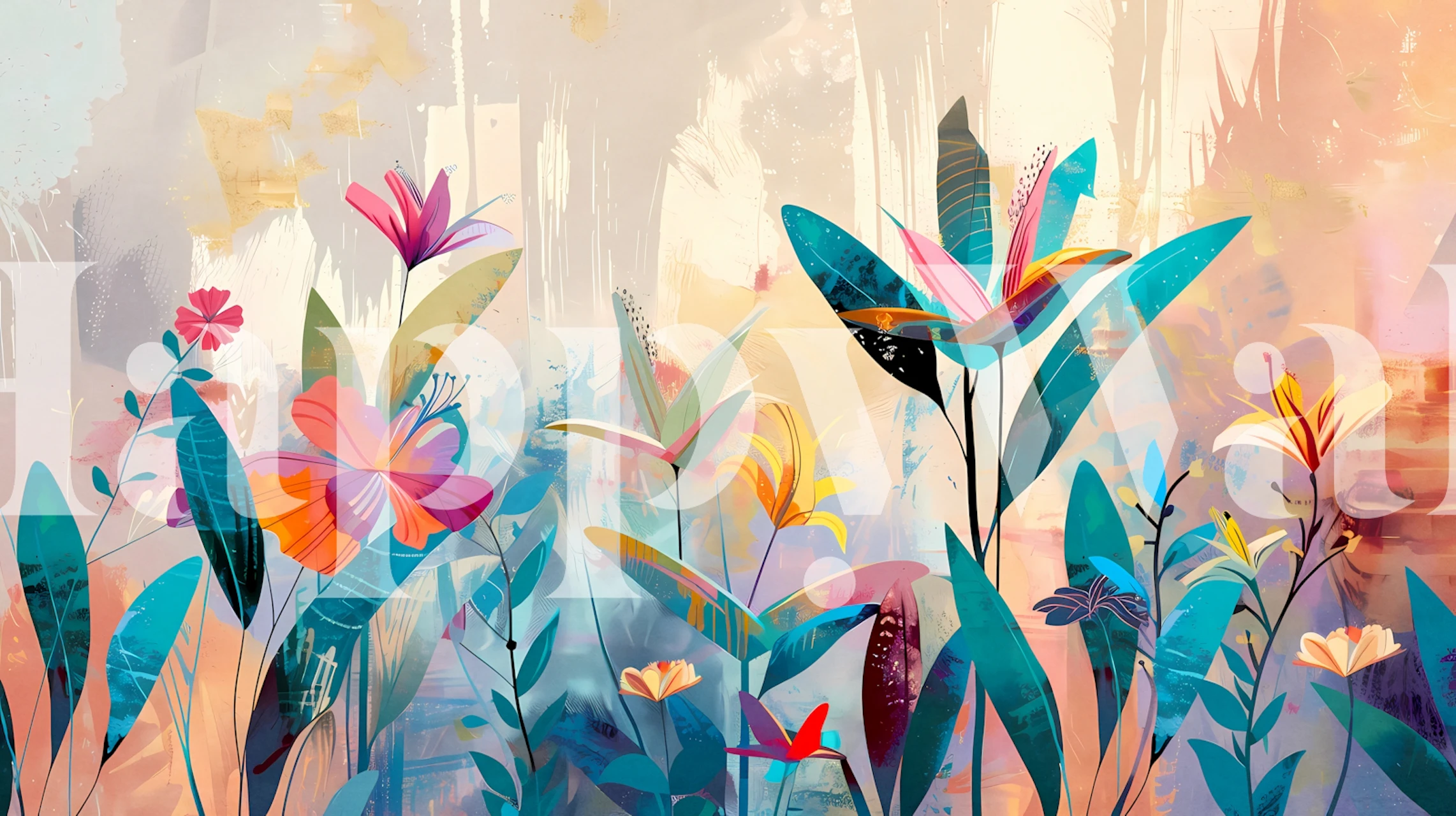 Colorful tropical flowers and leaves in blue and pink wallpaper