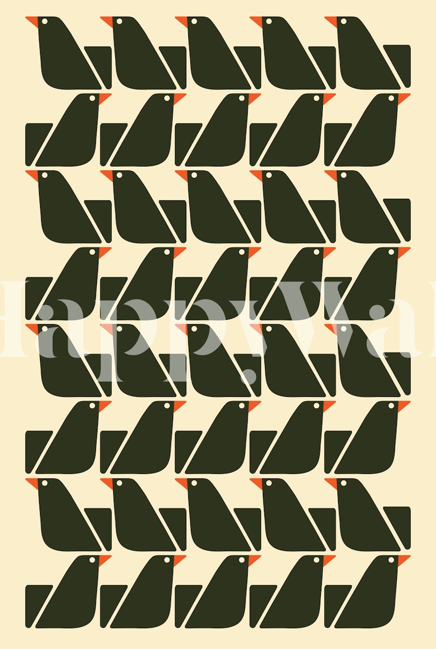 Pattern of black birds on warm cream wallpaper